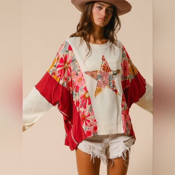 ◇ BiBi Graphic Star Patch Baggy Shirt ColorBlock Detail - Picture 4 of 15